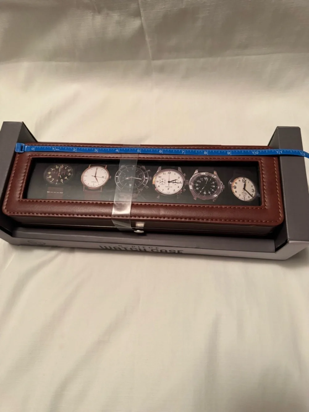Woodburry 6-Piece Watch Case Rich Brown Faux Leather with Glass Display Lid
